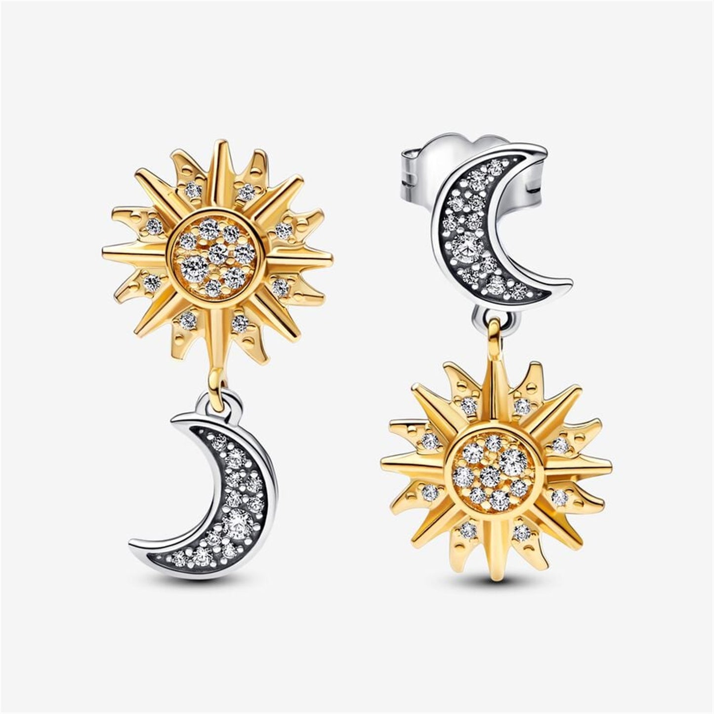 925 Sterling Silver Two-tone Reversed Sun & Moon Stud Earrings