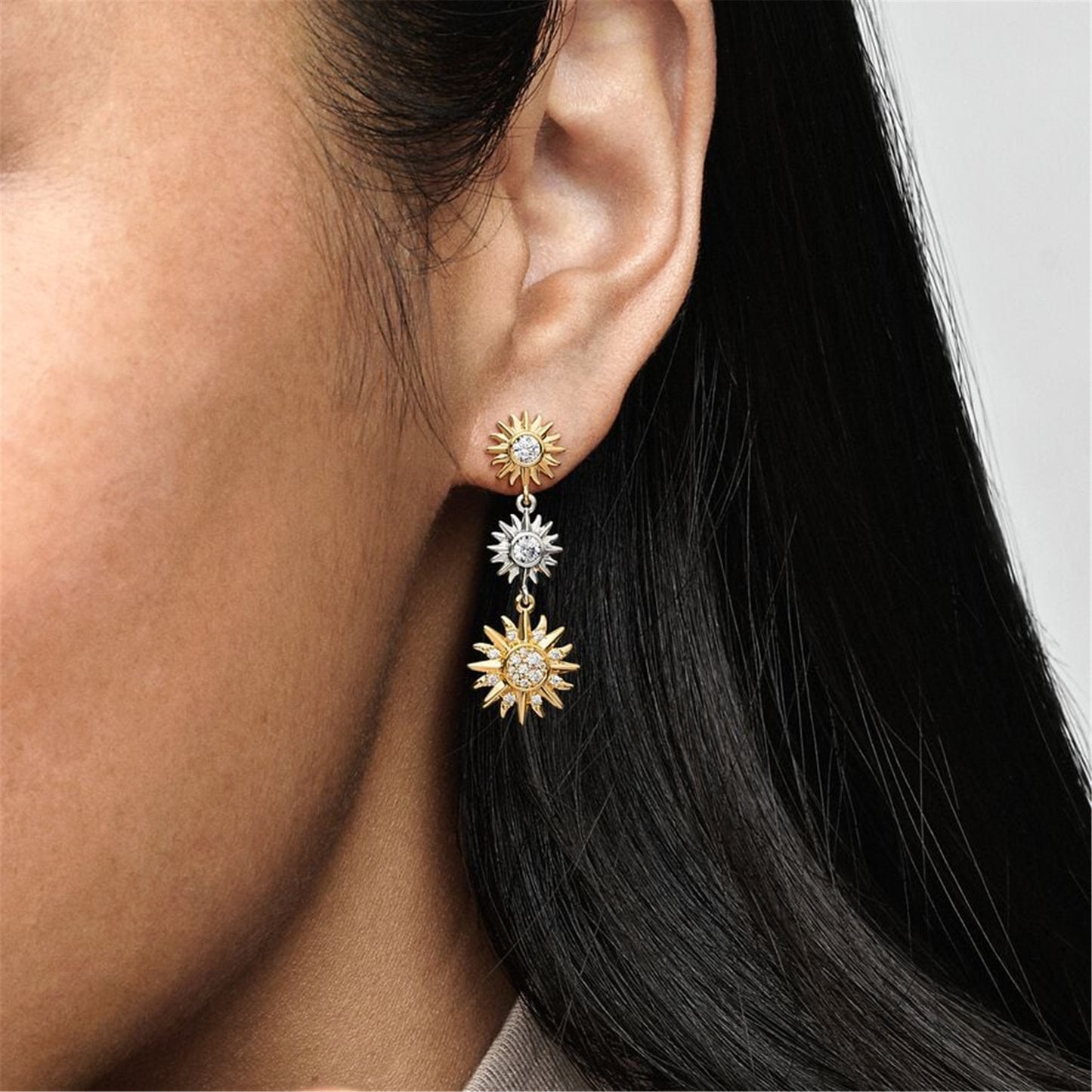 925 Sterling Silver Two-tone Sparkling Triple Sun Drop Earrings