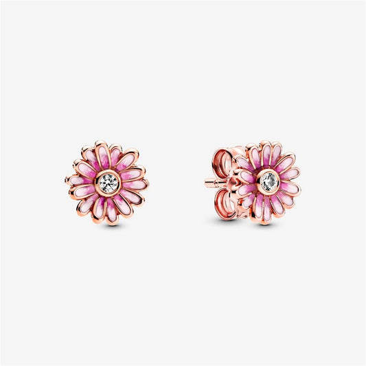 925 Sterling Silver Daisy 14k Rose Gold-Plated Stud Earrings With Clear Cubic Zirconia Earrings