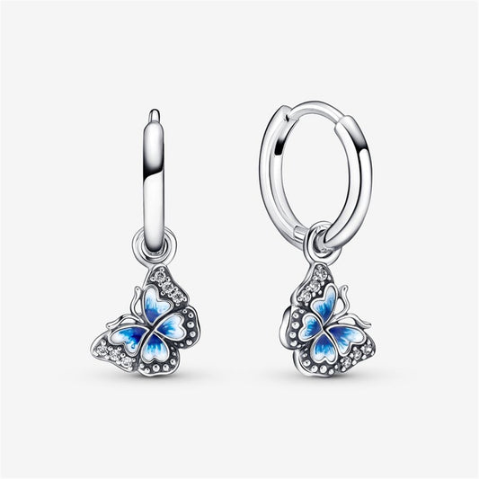 925 Sterling Silver Blue Butterfly Hoop Earrings