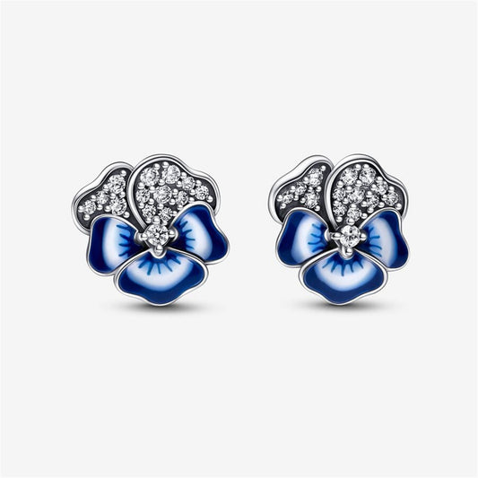 925 Sterling Silver Blue Pansy Flower Stud Earrings