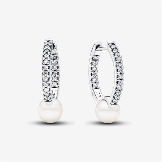 925 Sterling Silver Treated Freshwater Cultured Pearl & Pavé Hoop Earrings