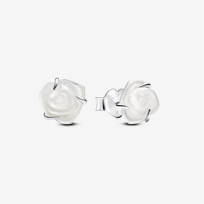 925 Sterling Silver White Rose in Bloom Stud Earrings