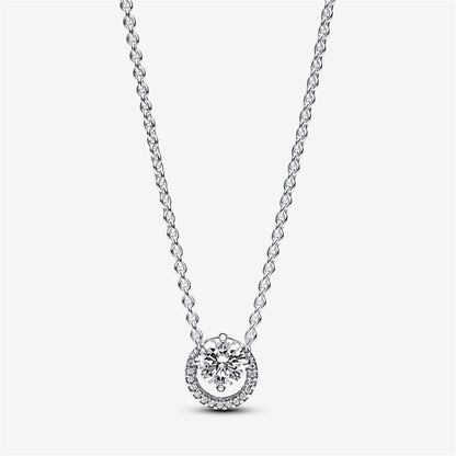 925 Sterling Silver Sparkling Round Halo Pendant Collier Necklace