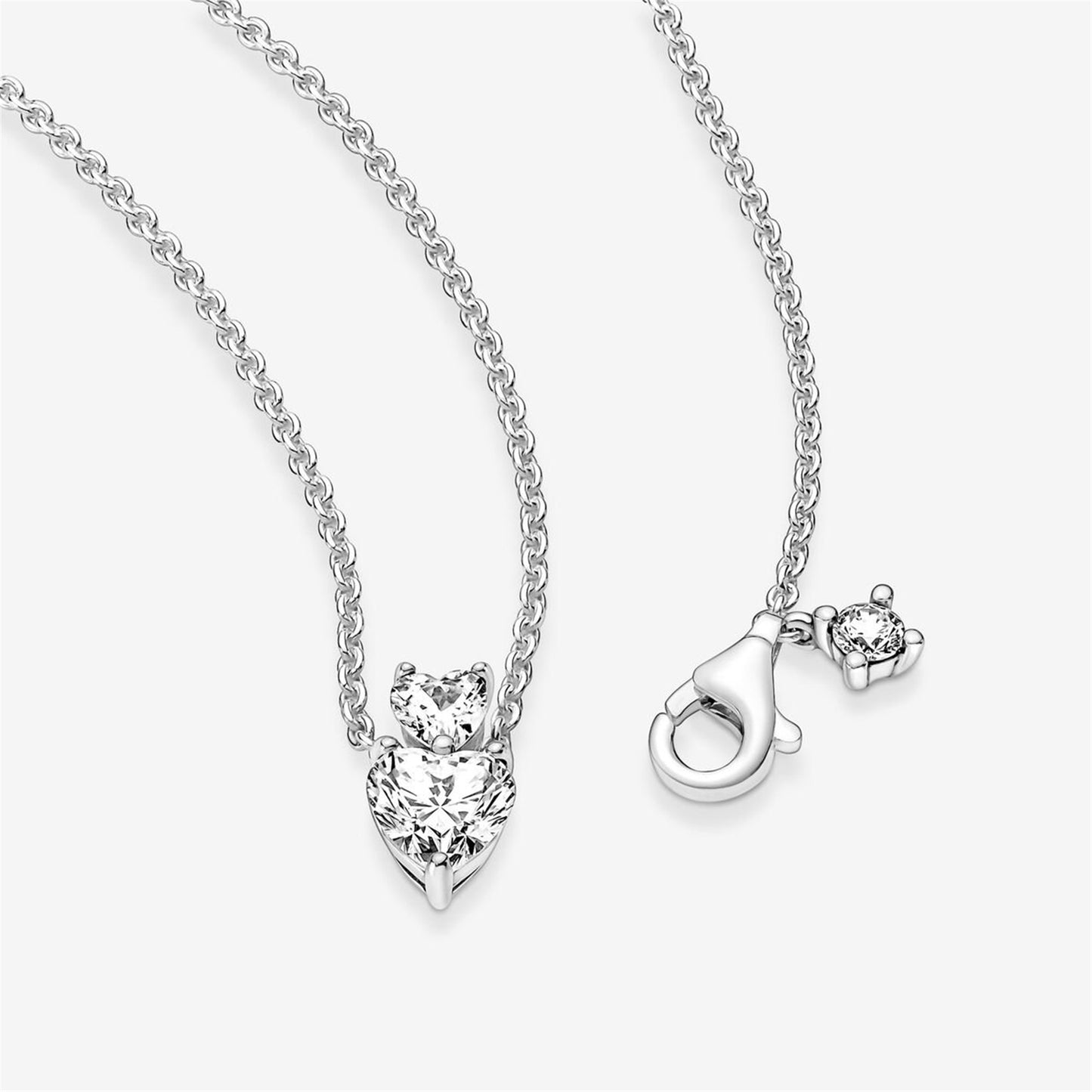 925 Sterling Silver Double Heart Pendant Sparkling Collier Necklace