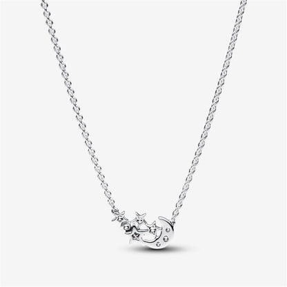 925 Sterling Silver Sparkling Moon & Star Collier Necklace