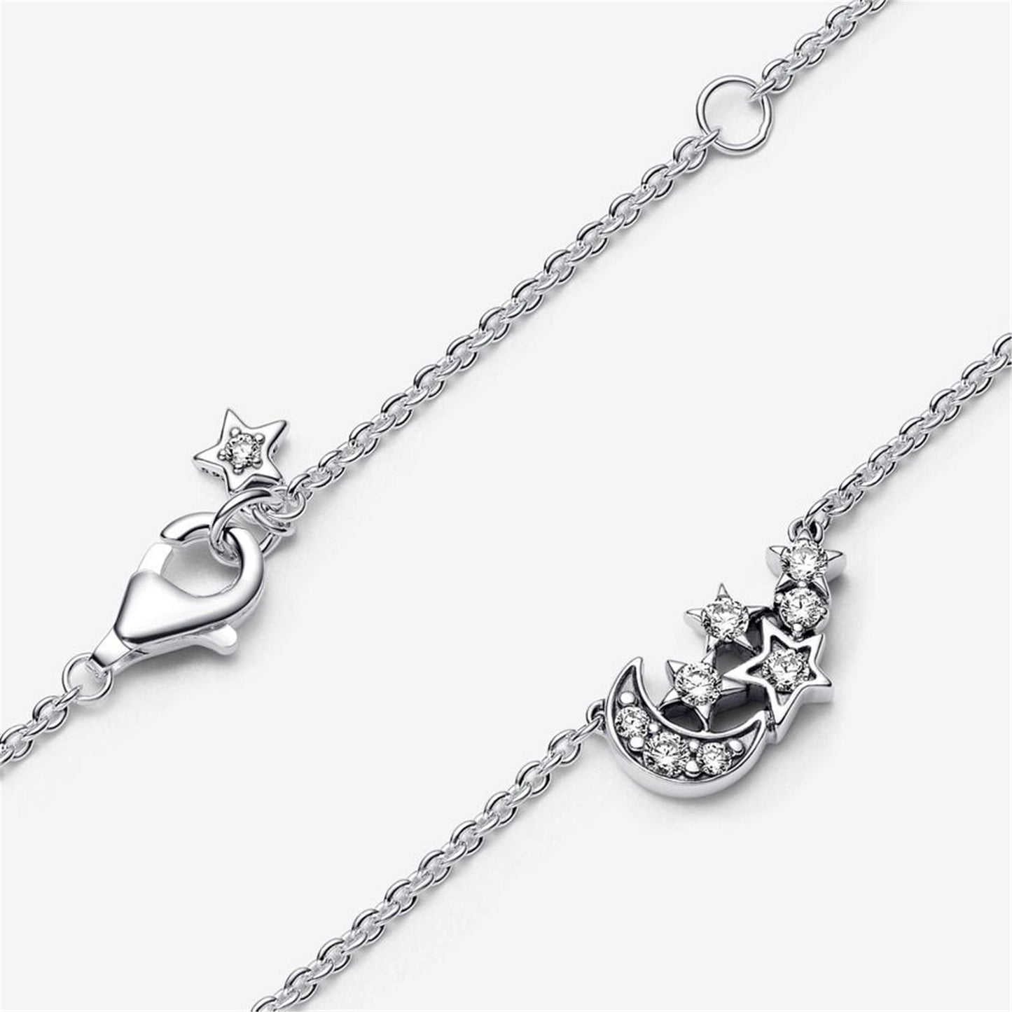 925 Sterling Silver Sparkling Moon & Star Collier Necklace