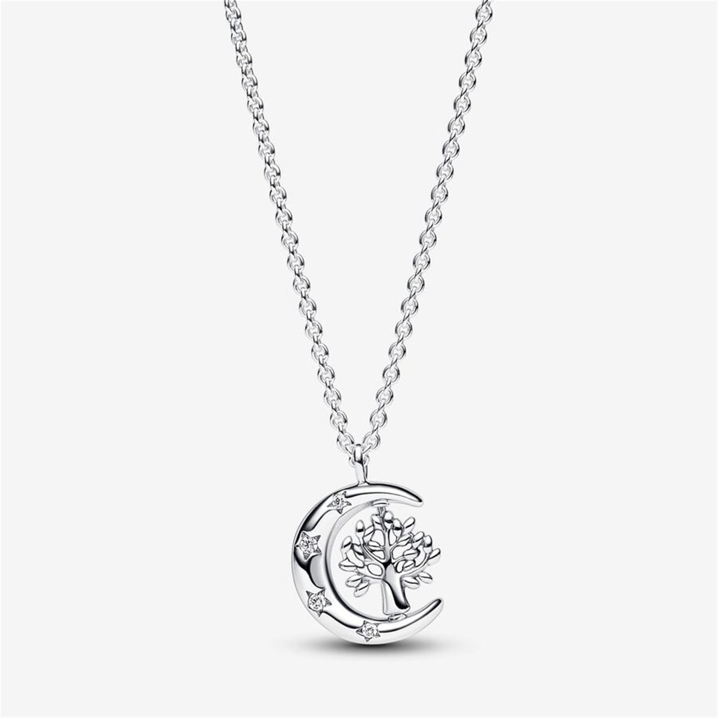 925 Sterling Silver Moon & Spinning Tree of Life Pendant Necklace