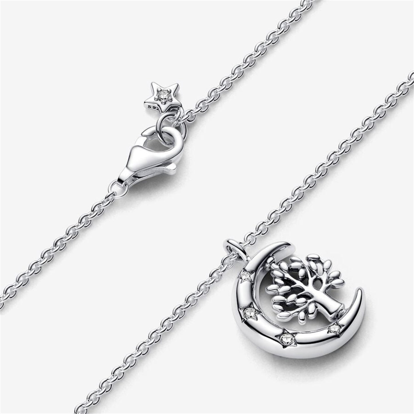 925 Sterling Silver Moon & Spinning Tree of Life Pendant Necklace