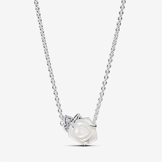 925 Sterling Silver White Rose in Bloom Collier Necklace