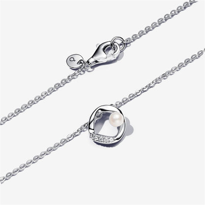 925 Sterling Silver Organically Shaped Pavé Circle & Treated Freshwater Cultured Pearl Collier Necklace