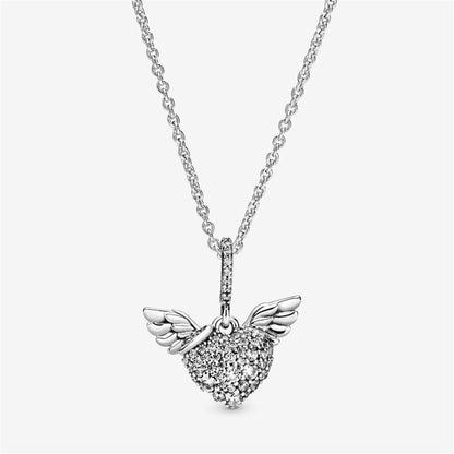 925 Sterling Silver Pavé Heart and Angel Wings Necklace