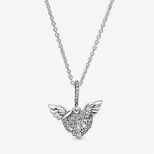 925 Sterling Silver Pavé Heart and Angel Wings Necklace