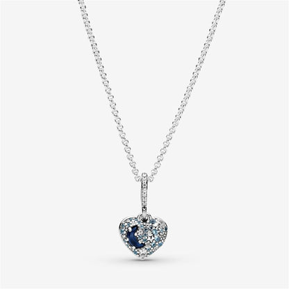 925 Sterling Silver Sparkling Blue Moon & Stars Heart Necklace