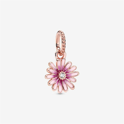 925 Sterling Silver Daisy 14k rose gold-plated dangle with clear cubic zirconia and shaded pink enamel