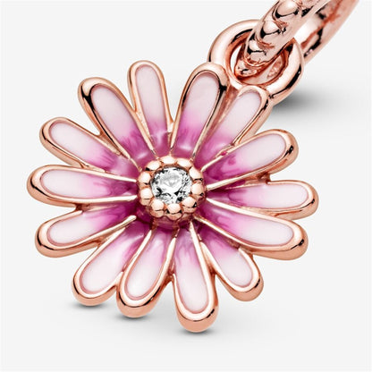 925 Sterling Silver Daisy 14k rose gold-plated dangle with clear cubic zirconia and shaded pink enamel