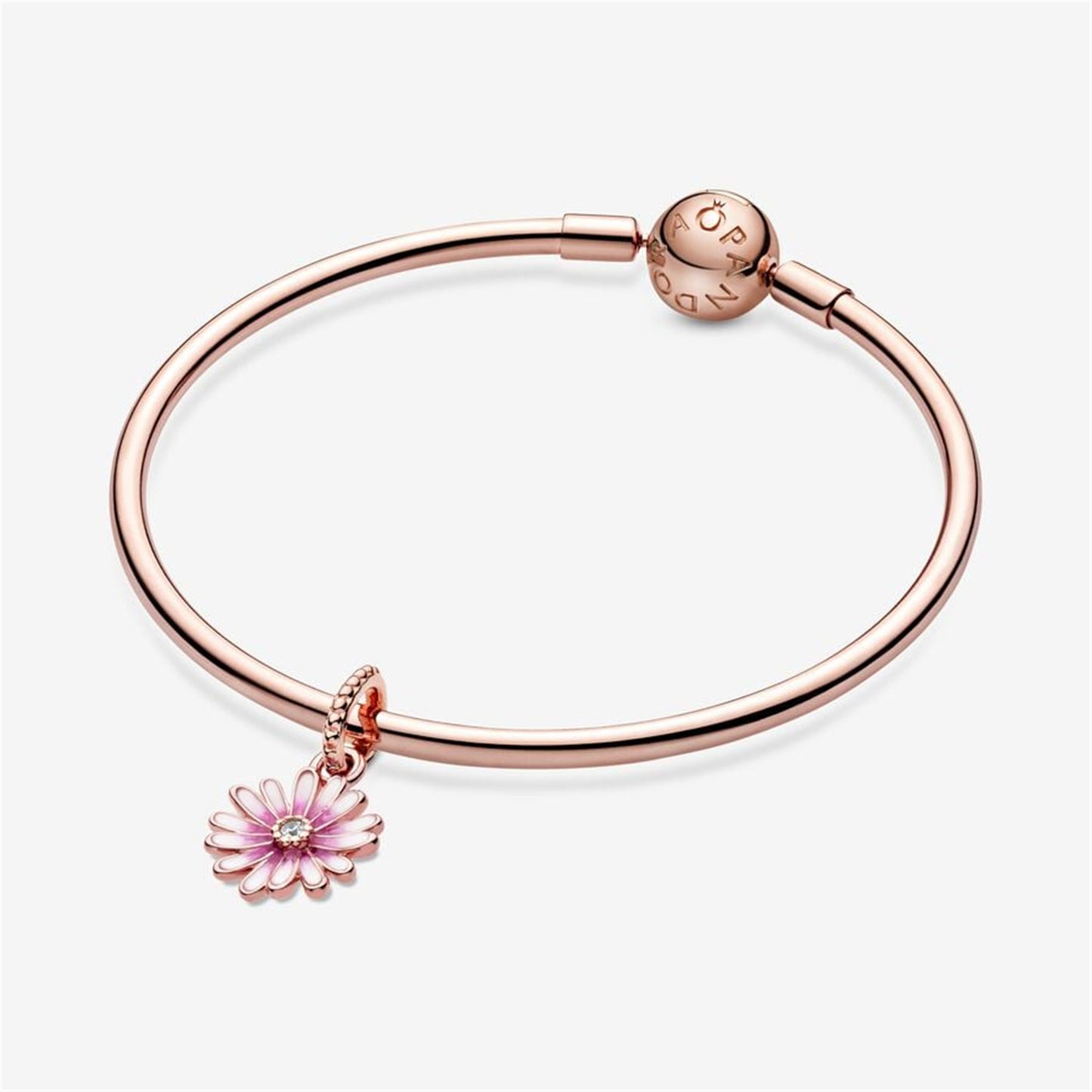 925 Sterling Silver Daisy 14k rose gold-plated dangle with clear cubic zirconia and shaded pink enamel