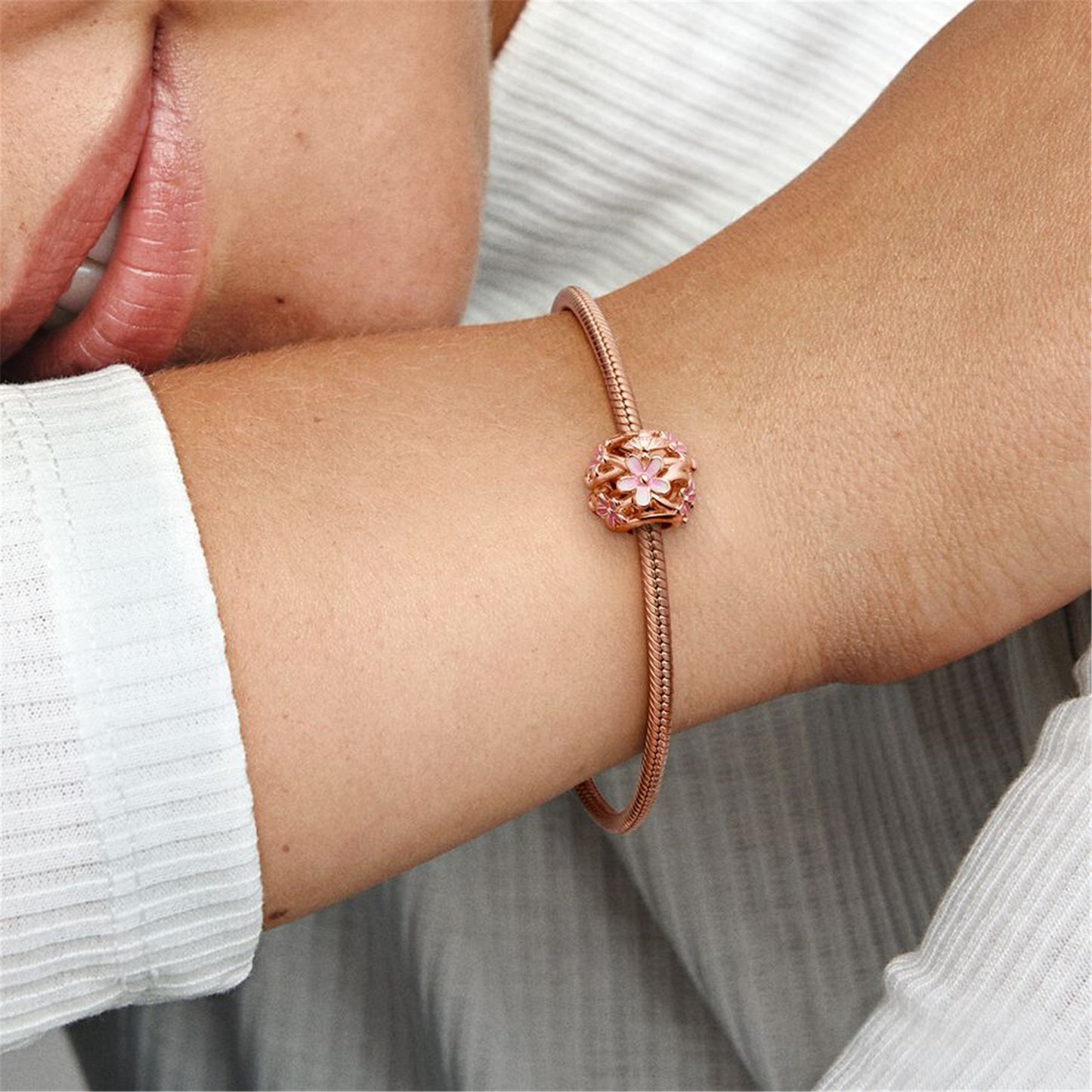 925 Sterling Silver Daisy 14k rose gold-plated charm with shaded pink enamel Charm