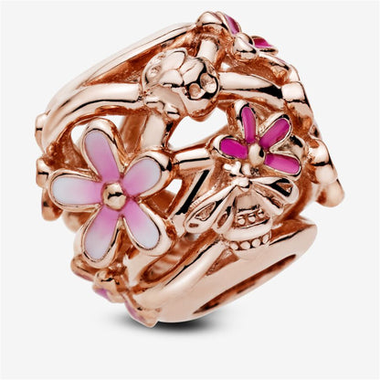 925 Sterling Silver Daisy 14k rose gold-plated charm with shaded pink enamel Charm