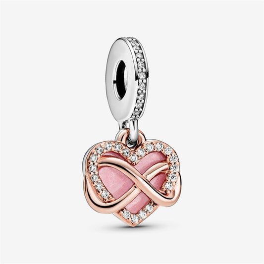 925 Sterling Silver Infinity heart 14k Rose Gold-Plated and Dangle With Clear Cubic Zirconia and Pink Enamel Charm