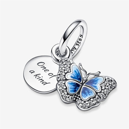 925 Sterling Silver Blue Butterfly & Quote Double Dangle Charm