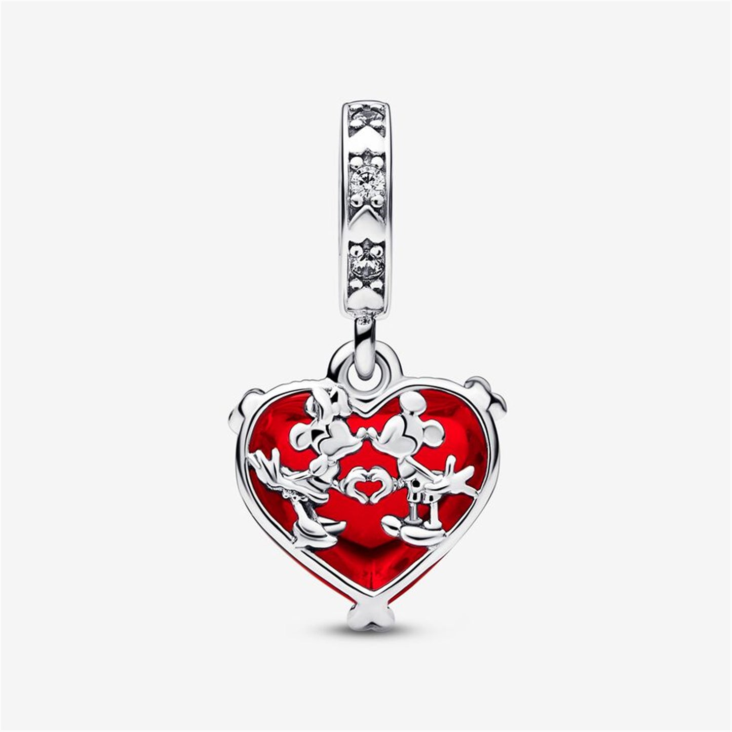 925 Sterling Silver Disney Mickey & Minnie Mouse Kiss Red Murano Glass Dangle Charm