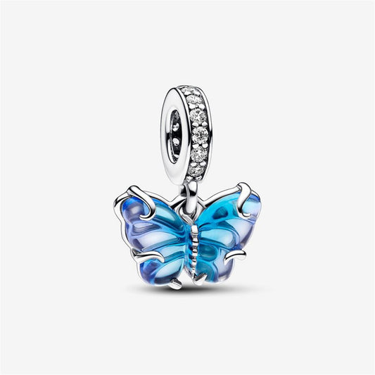 925 Sterling Silver Blue Murano Glass Butterfly Dangle Charm