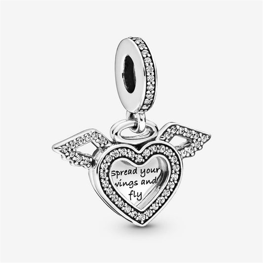 925 Sterling Silver Heart and Angel Wings Dangle Charm