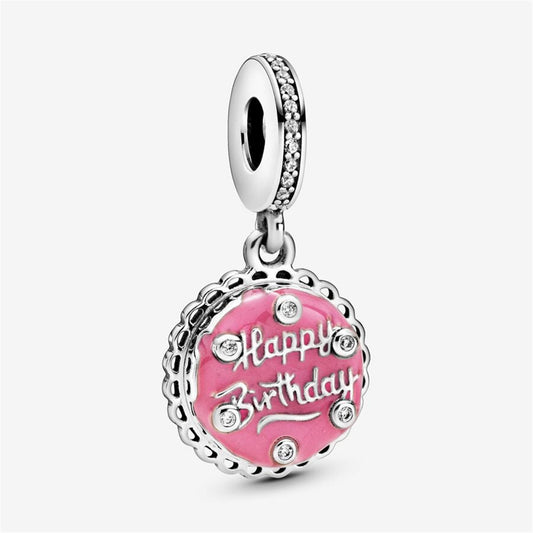 925 Sterling Silver Birthday Cake Dangle With Clear Cubic Zirconia and Pink Enamel Charms