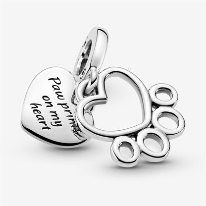 925 Sterling Silver Hearts & Paw Print Dangle Charm