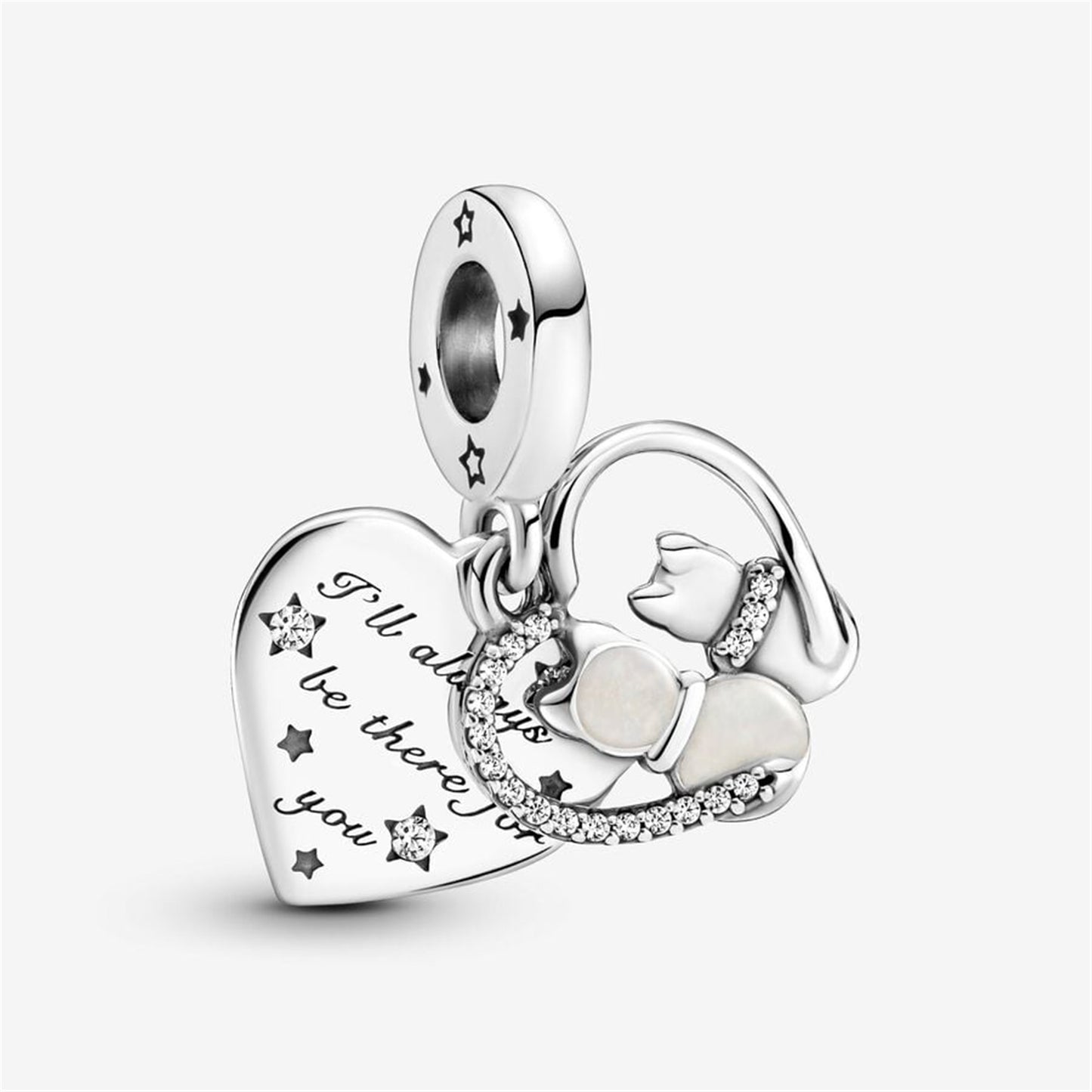 925 Sterling Silver Cats & Hearts Dangle Charm